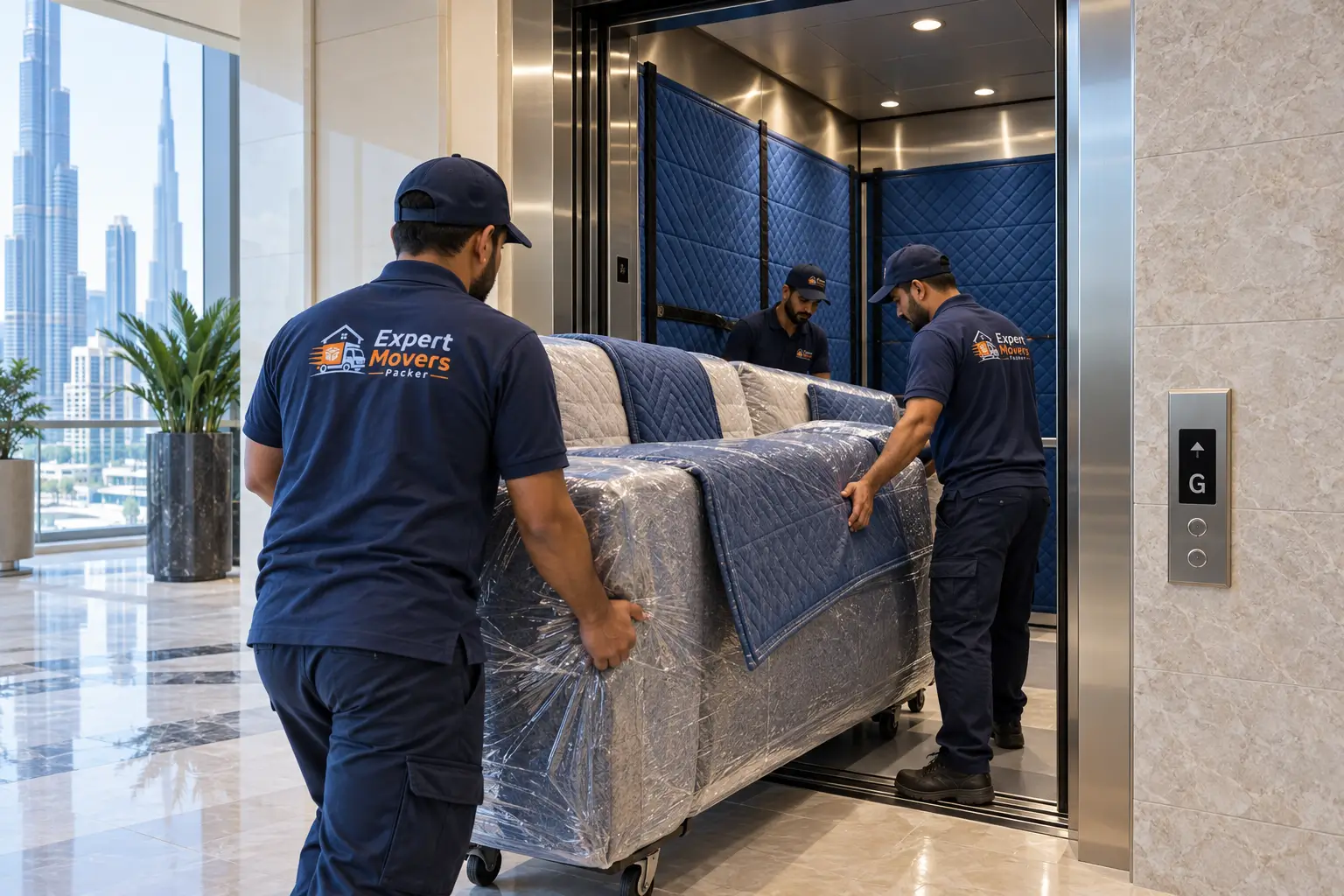 Expert Movers Loading a Wrapped Sofa