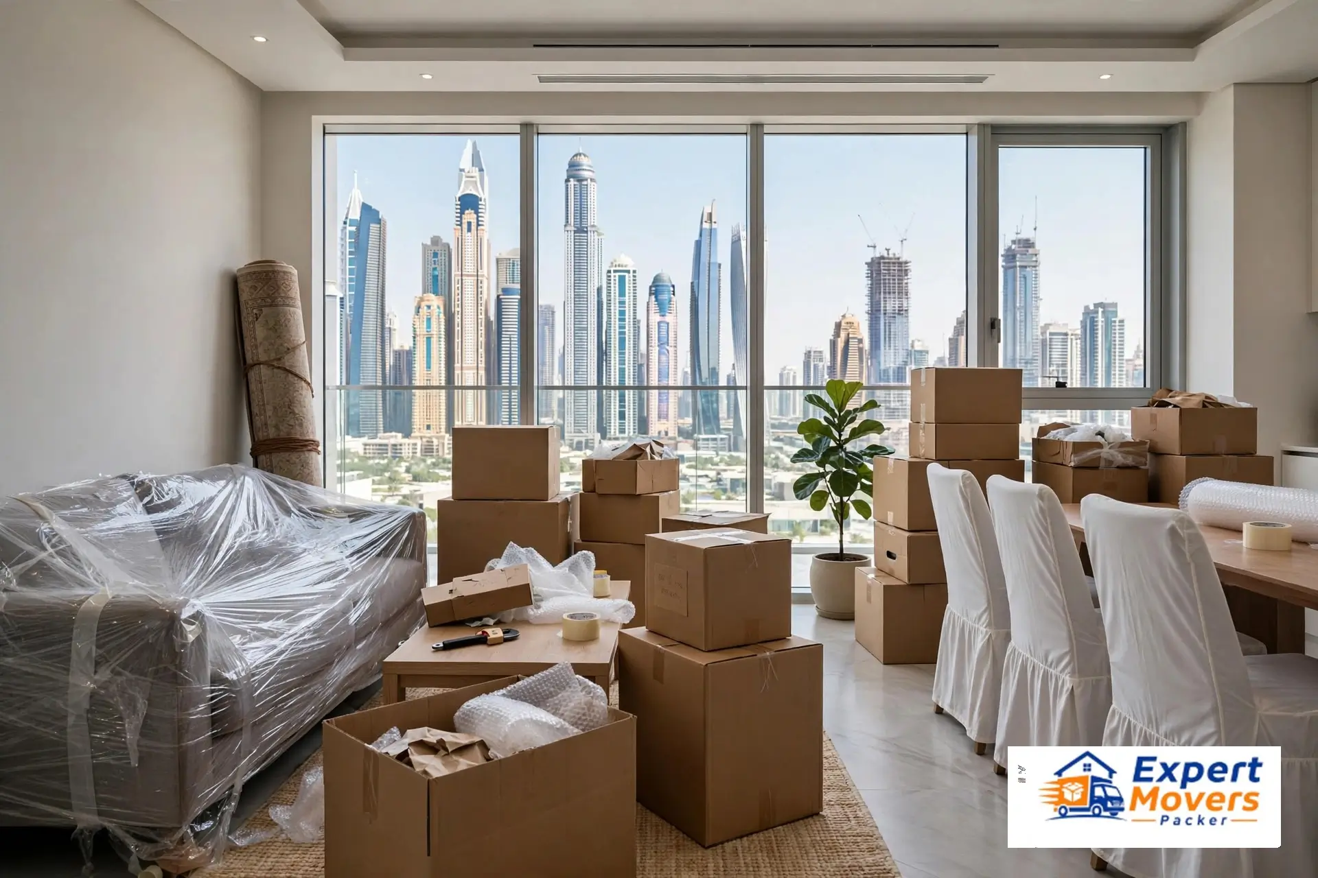 Packed apartment living room ready for moving day in Business Bay