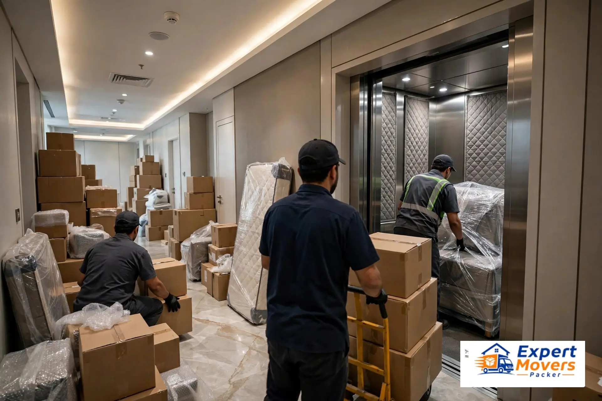 !Moving crew loading packed boxes into a service elevator in a residential tower