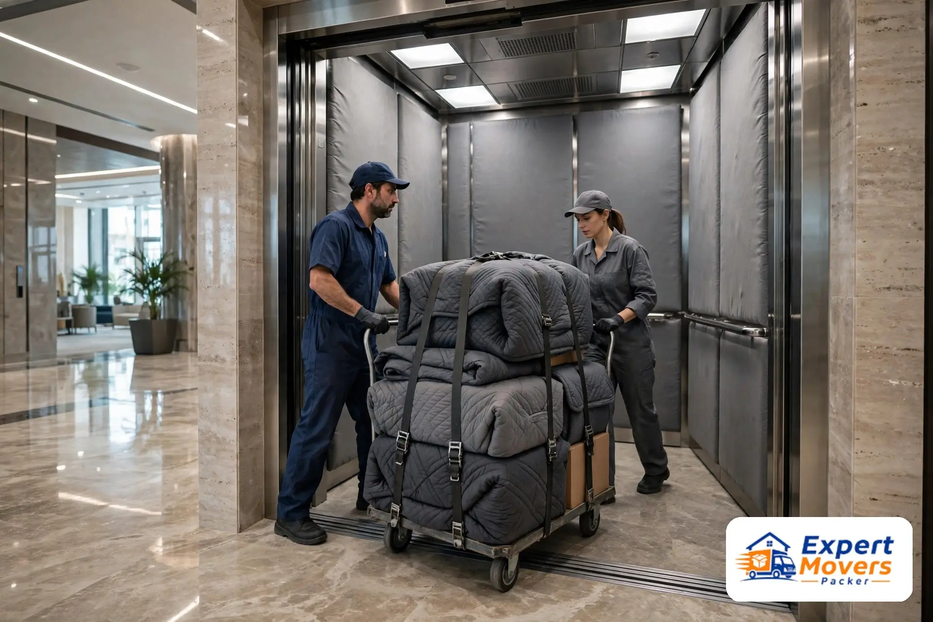 Moving crew loading packed office equipment into a service elevator"