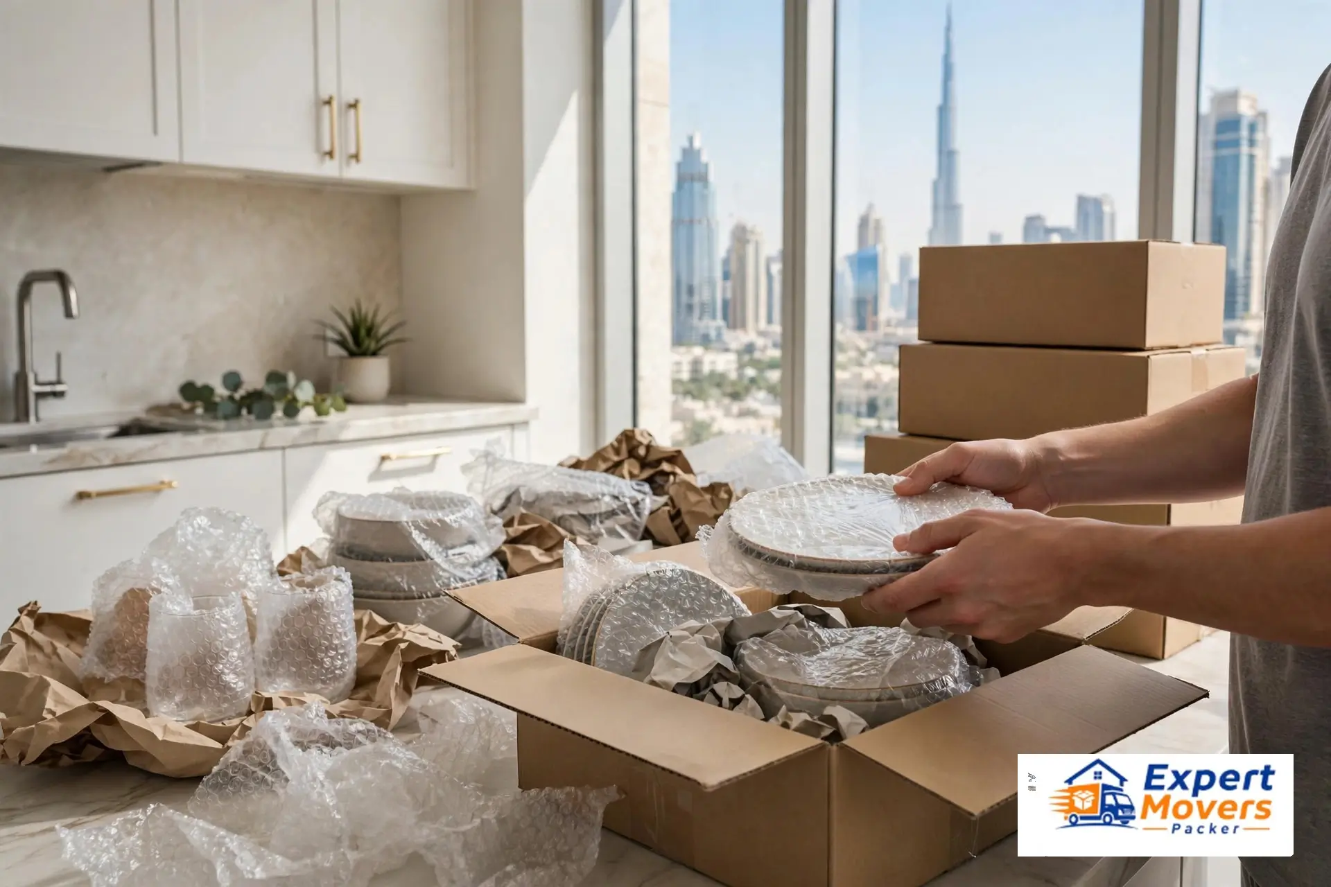 !Kitchen items being packed into labeled boxes for an apartment move
