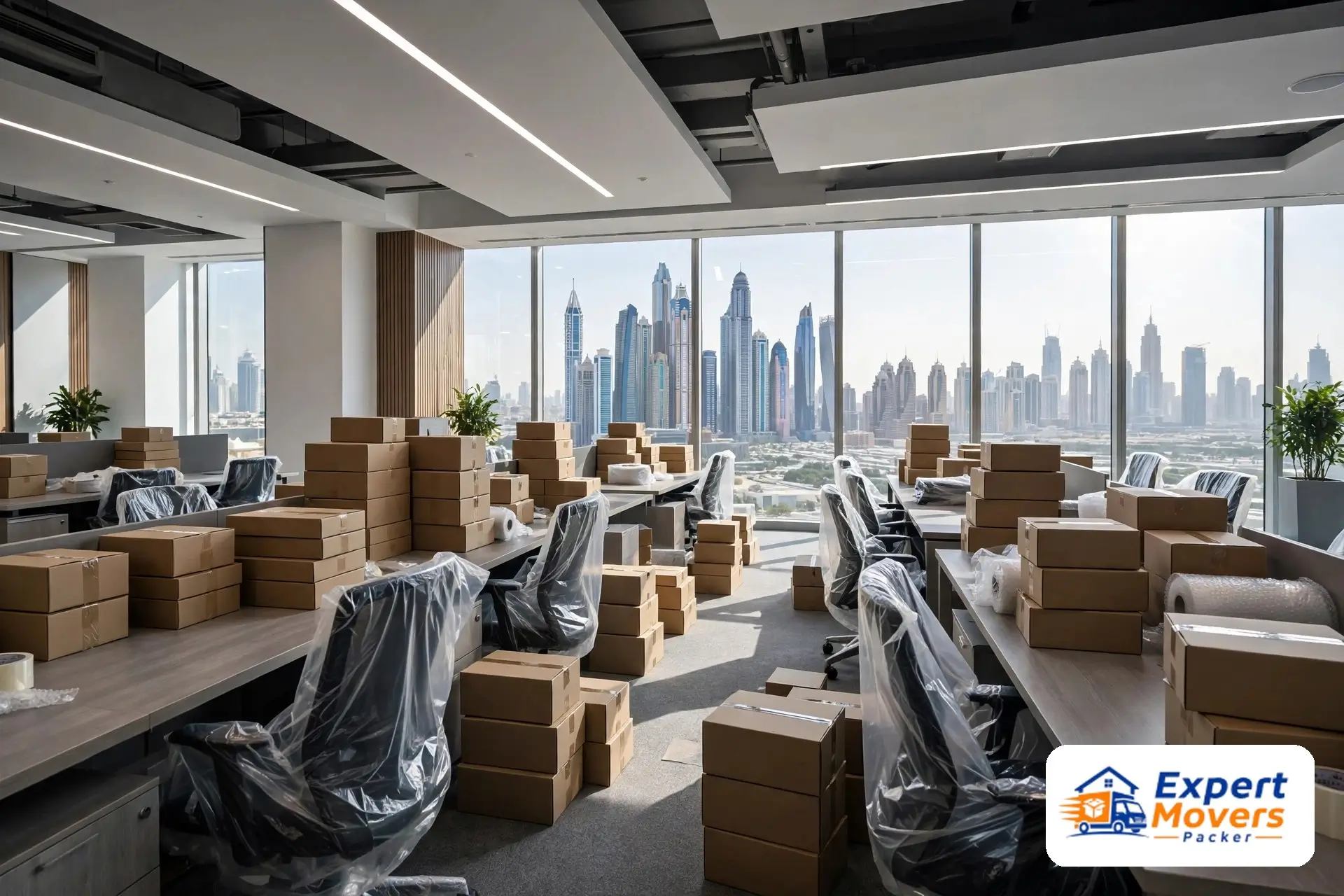 Packed office workstations ready for relocation in Business Bay