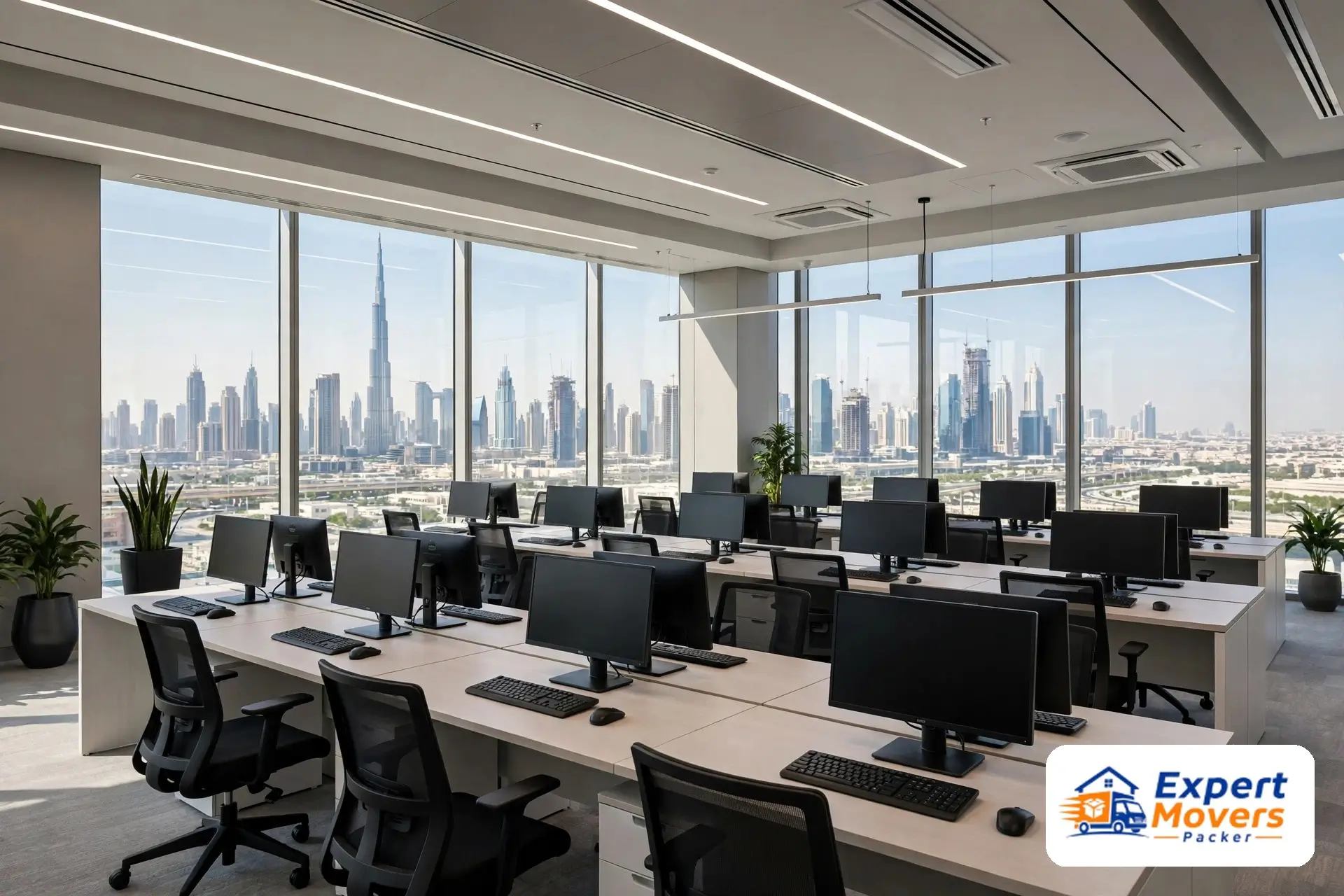 "Reassembled office workstations ready for staff in the new office"